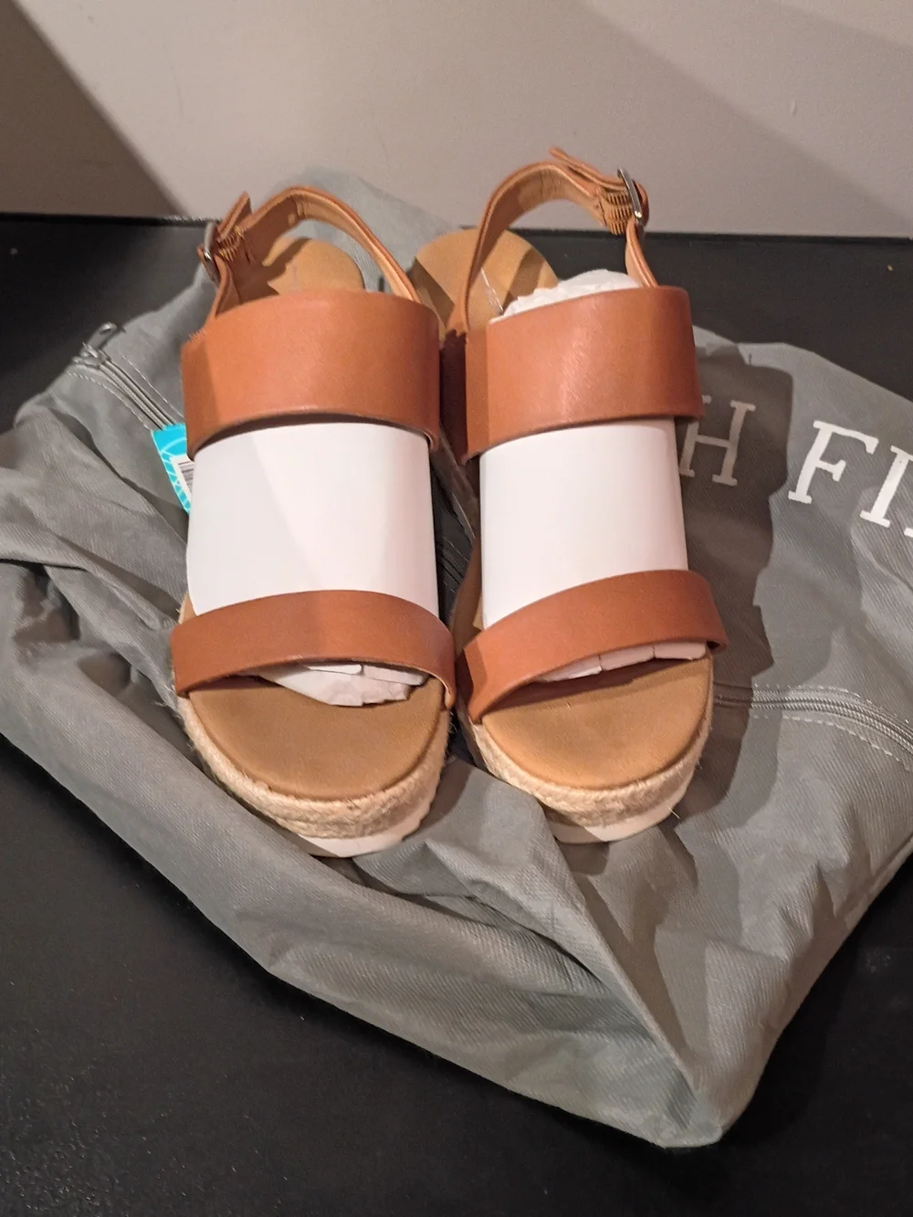 Report Brown and White Cork Espadrille Wedge Sandals